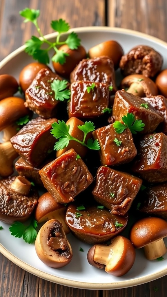 Air fryer steak bites with mushrooms on a plate, garnished with parsley.